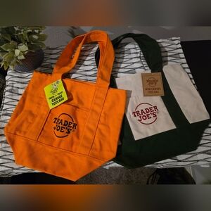 Trader Joe's Mini Canvas Tote Bags - Orange and Cream/Green